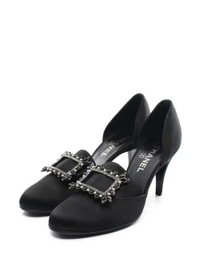 Pre-owned Chanel 80mm Bijou Satin Buckle Pumps In Black
