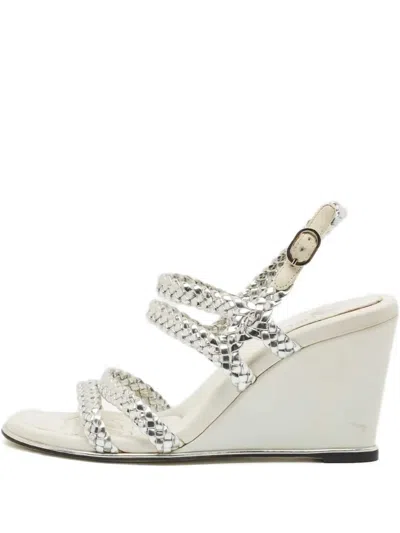 Pre-owned Chanel 80mm Leather Wedge Sandals In Silver
