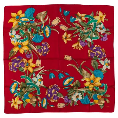 Pre-owned Chanel 80s Red Flower Bouquets Scarf