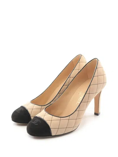 Pre-owned Chanel 85mm Quilted Suede Pumps In Neutral