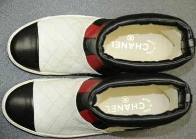 Pre-owned Chanel $895  White Black Red Quilted Leather Boots Sneakers Shoes 36 38.5