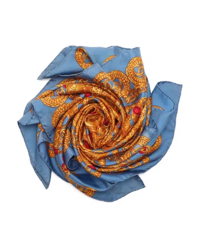 Pre-owned Chanel 90 Coco Mark Classic Silk Blue And Gold Scarf In Multi