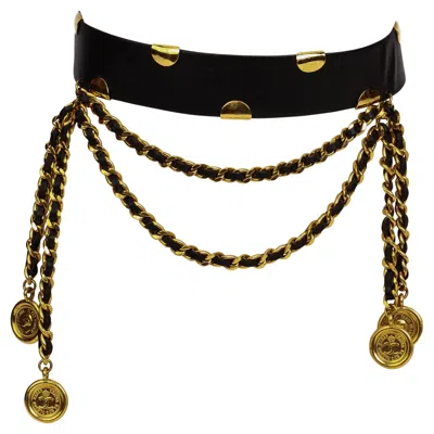 Pre-owned Chanel 90's Vintage  Black Leather Chain Belt Spring