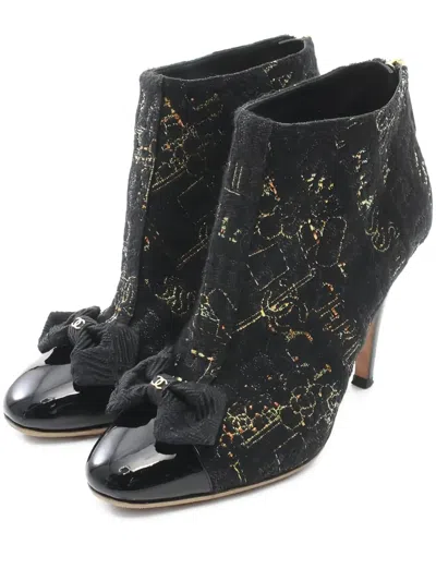 Pre-owned Chanel 90mm Tweed Bow-embellished Ankle Boots In Black