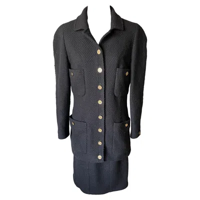 Pre-owned Chanel 90s Vintage Tweed Suit Jacket & Skirt Set, Women's Size 40 In Black