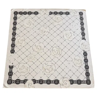 Pre-owned Chanel 90x90 Silk Scarf, Never Worn � Camellia Print And Interlaced Cc Logos In Gray