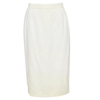 Pre-owned Chanel 93p Ivory Wool Gold Cc Logo Button Slit Silk Pencil Skirt Fr42 Xl In White