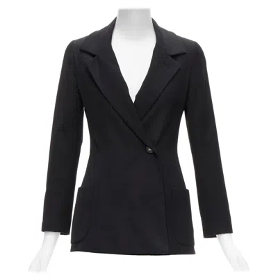 Pre-owned Chanel 94a Vintage Black Wool Gold Cc Button Monogram Lining Blazer Fr34 Xs