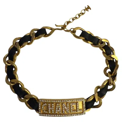 Pre-owned Chanel 95p 1995 Barbie Collection Logo Plate Strass Interwoven Leather Choker In Multi