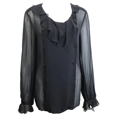 Pre-owned Chanel 97  Black Silk Lace Double Breasted Ruffle Blouse