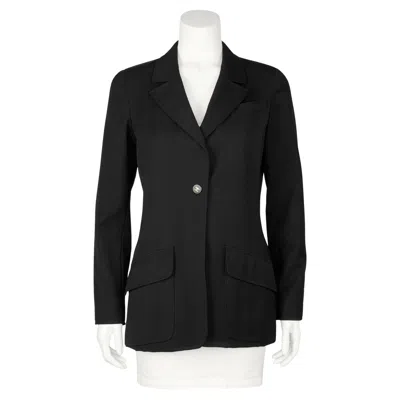 Pre-owned Chanel 97p Black Mid Weight Wool Long Style Blazer With Logo Button