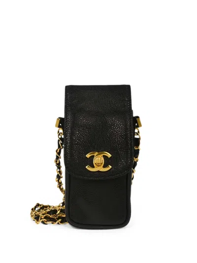 Pre-owned Chanel 994-1996 Caviar-leather Chain Phone Case In Black