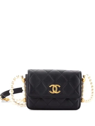 Pre-owned Chanel About Pearls Flap Card Holder With Chain Quilted Calfskin Crossbody Bag In Black