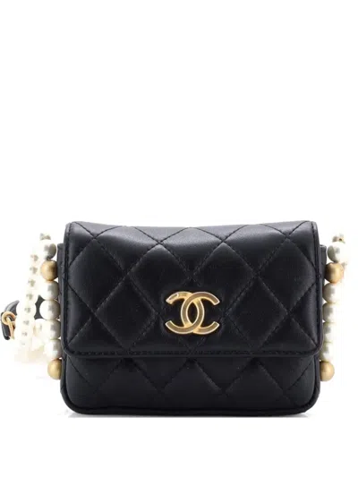 Pre-owned Chanel About Pearls Flap Card Holder With Chain Quilted Calfskin Crossbody Bag In Black