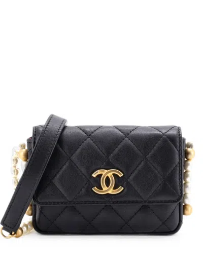 Pre-owned Chanel About Pearls Flap Card Holder With Chain Quilted Calfskin Crossbody Bag In Black