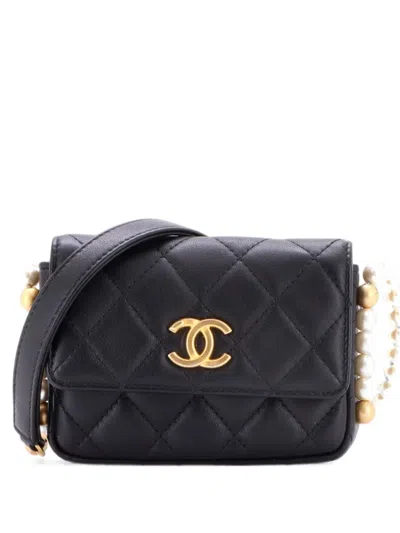 Pre-owned Chanel About Pearls Flap Card Holder With Chain Quilted Calfskin Crossbody Bag In Black