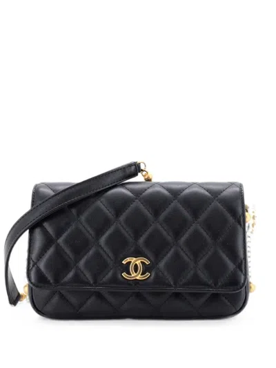 Pre-owned Chanel About Pearls Wallet On Chain Quilted Calfskin Crossbody Bag In Black