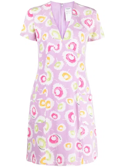 Pre-owned Chanel Abstract-print Silk Minidress In Purple