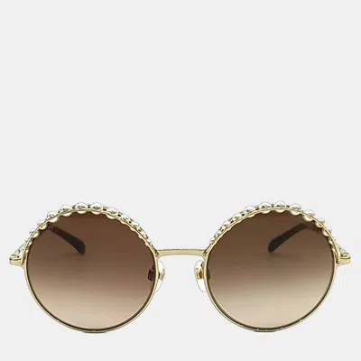Pre-owned Chanel Acetate Gold Tone Metal Pearl-embellished Sunglasses In Brown