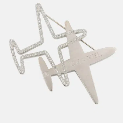 Pre-owned Chanel Airplane Motif Brooch Silver Metal Rhinestone