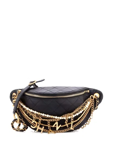 Pre-owned Chanel All About Chains Waist Bag Quilted Lambskin Belt Bag In Black