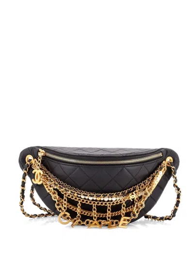 Pre-owned Chanel All About Chains Waist Bag Quilted Lambskin Belt Bag In Black