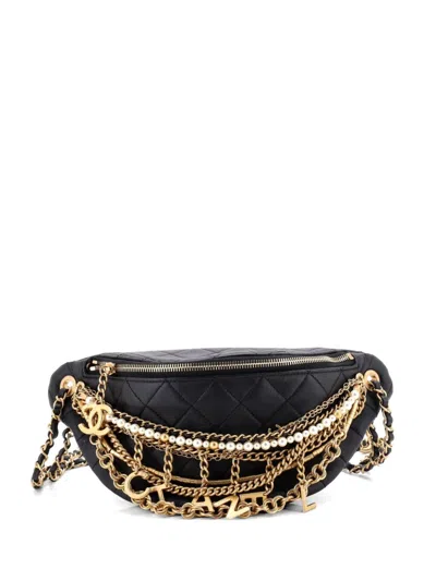 Pre-owned Chanel All About Chains Waist Bag Quilted Lambskin Belt Bag In Black