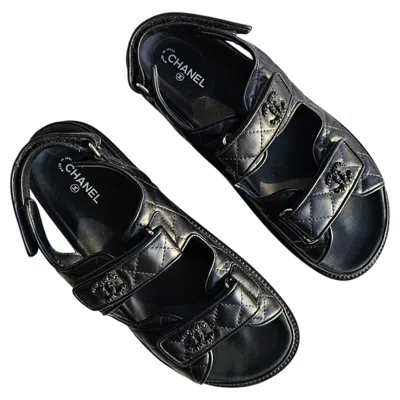 Pre-owned Chanel All Black Quilted Dad Sandals Limited Metal Cc Shoes Flat Eu 39.5 Us 9.5