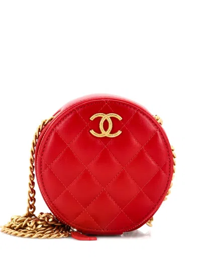 Pre-owned Chanel All Slide Long Round Clutch With Chain Quilted Lambskin Crossbody Bag In Red