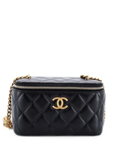 Pre-owned Chanel All Slide Long Vanity Case With Chain Quilted Lambskin Small Crossbody Bag In Black