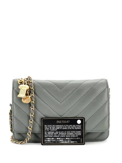Pre-owned Chanel Ancient Greek Charm Wallet On Chain Chevron Caviar Crossbody Bag In Green
