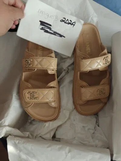 Pre-owned Chanel & Auth  Beige Gate No 5 Backless Cc Logo Slide Dad Sandals Rare 36.5