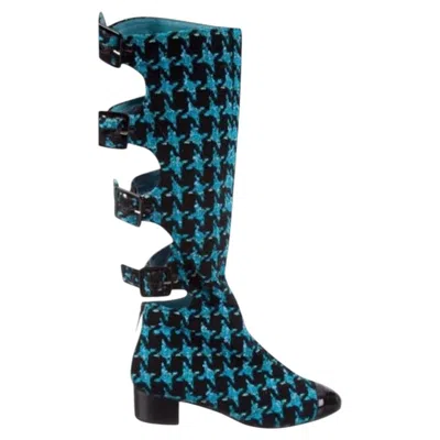Pre-owned Chanel & Karl Lagerfeld 07a 2007 Turquoise Tweed Boots 37 Eur / 7 Us In Black