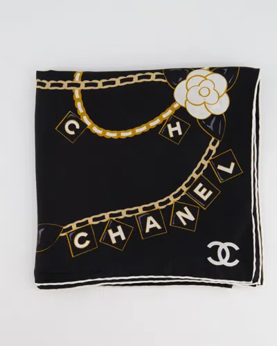 Pre-owned Chanel &printed Silk Scarf With Chain Camellia Detail In Black