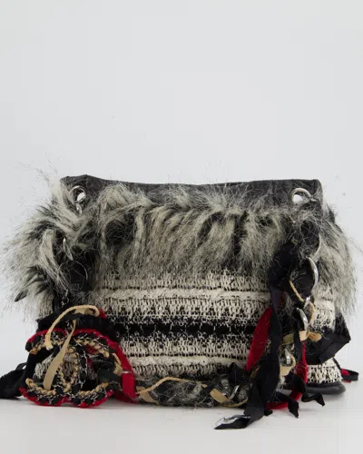 Pre-owned Chanel Andtweed Mini Shoulder Bag With Faux Fur Detail And Silver Hardware In Grey