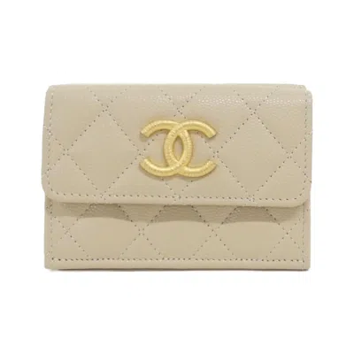 Pre-owned Chanel Ap3518 Caviar Skin Wallet In Sand