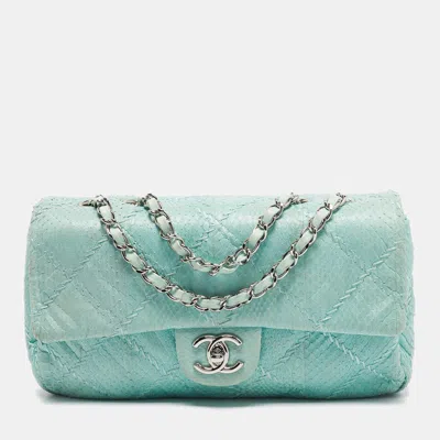 Pre-owned Chanel Aqua Blue Snakeskin Medium Ultra Stitch Classic Single Flap Bag