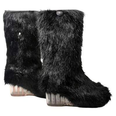 Pre-owned Chanel Archival Vintage Black Faux Fur "yeti" Icicle Wedge Boots Circa 2010