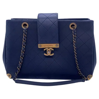 Pre-owned Chanel Around The Corner Shopping Tote Navy Quilted Calfskin Chain Handles 2-way In Blue