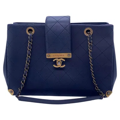 Pre-owned Chanel Around The Corner Shopping Tote Navy Quilted Calfskin Chain Handles 2-way In Blue