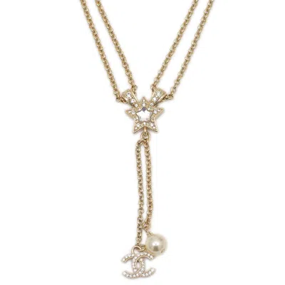 Pre-owned Chanel Artificial Ivory Metal Rhinestone Necklace () In Gold