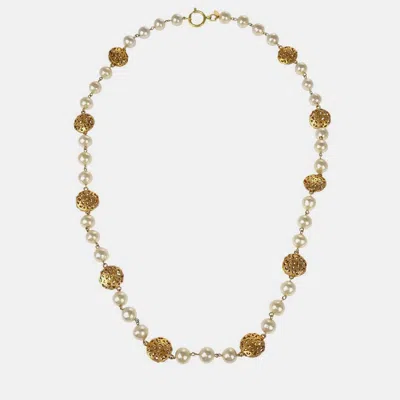Pre-owned Chanel Artificial Pearl Chain Necklace Gold
