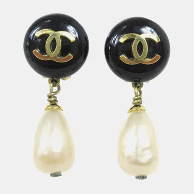 Pre-owned Chanel Artificial Pearl Dangle Earrings Clip-on Black