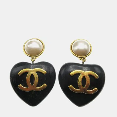 Pre-owned Chanel Artificial Pearl Dangle Heart Earrings Clip-on Black 28