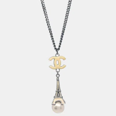 Pre-owned Chanel Artificial Pearl Rhinestone Silver Eiffel Tower Chain Necklace