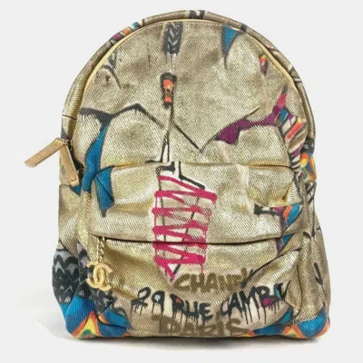 Pre-owned Chanel As0867 Coco Mark Cc Logo Graffiti Bag Backpack Rucksack Leather Canvas Gold