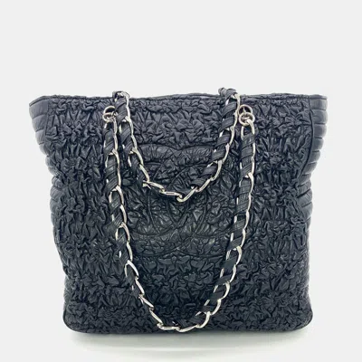 Pre-owned Chanel Astrakhan Black Leather Ruched Shopping Tote