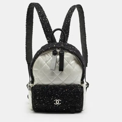 Pre-owned Chanel Astronaut Essentials Black/white Quilted Satin And Tweed Backpack