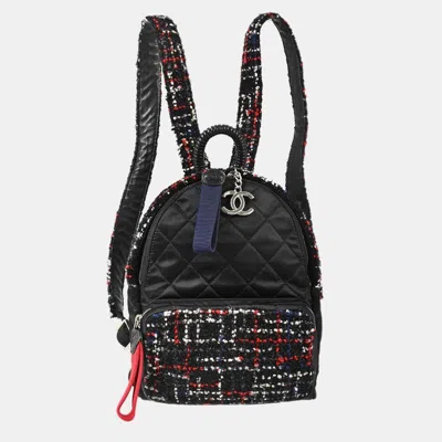 Pre-owned Chanel Astronaut Essentials Small Black Quilted Satin Tweed Backpack Bag