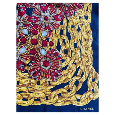 Pre-owned Chanel Authentic Vintage Silk Scarf Pearl Gripoix Gold Chains Red Jewels